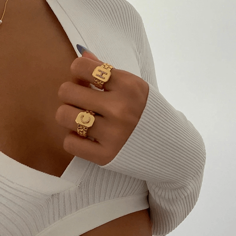 18K Gold Plated Initial Rhinestone Ring