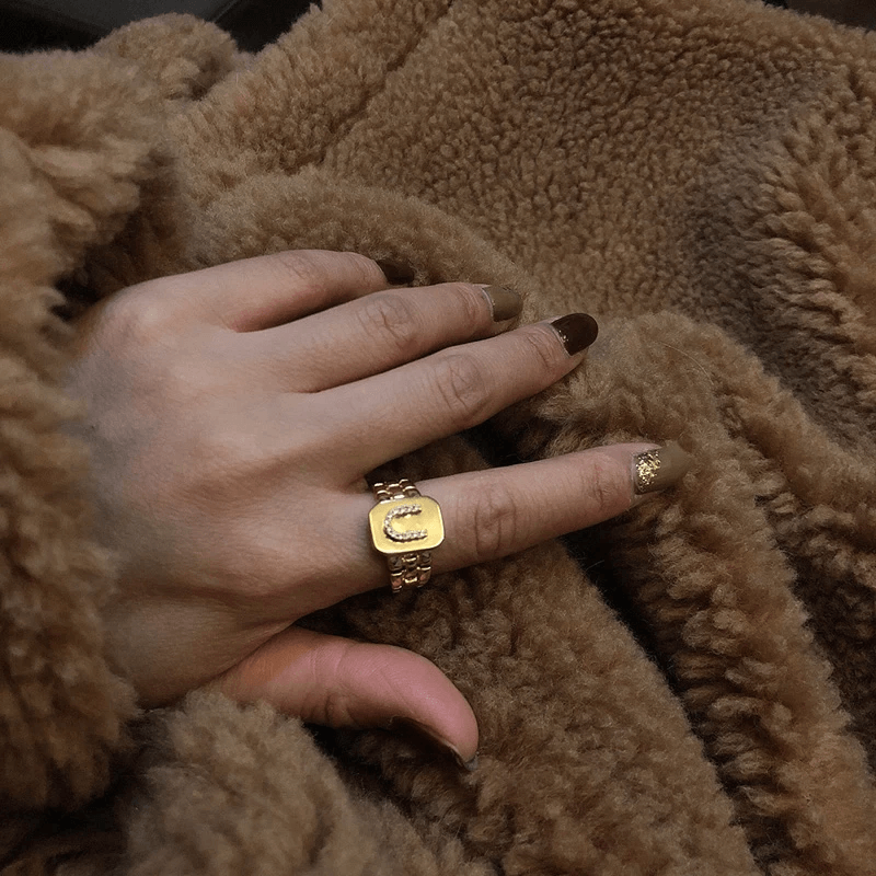 18K Gold Plated Initial Rhinestone Ring